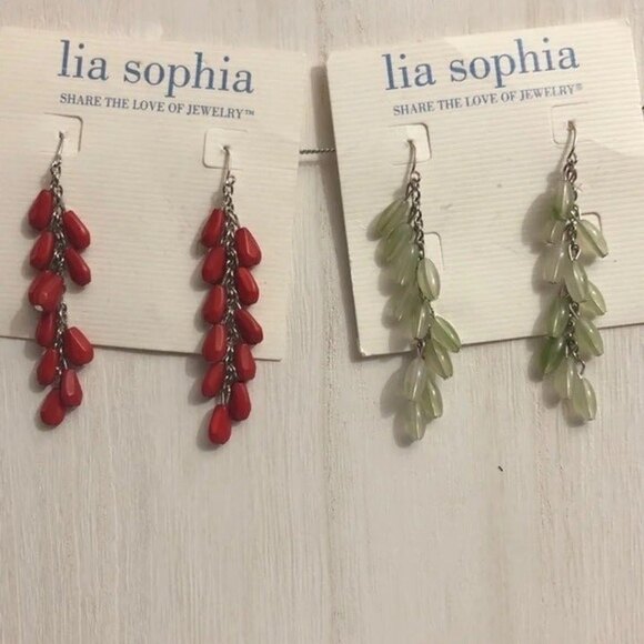 Lia Sophia Dangle Pierced Earrings Red & Green 2 Pairs NOC - Picture 1 of 8